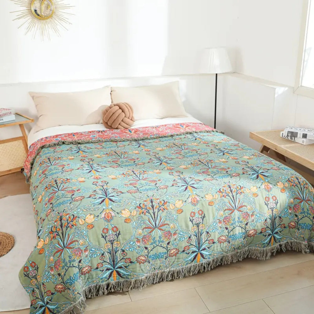 NatureDream: Cotton Blanket with Floral Pattern and Fringes – for Sofa and Bedroom