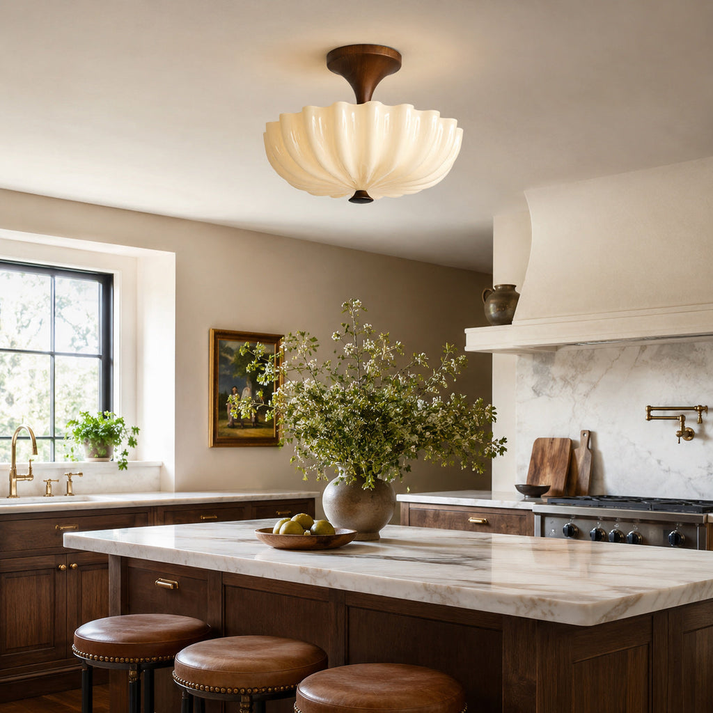 Nerida Rippled Glass & Wood Semi-Flush Mount
