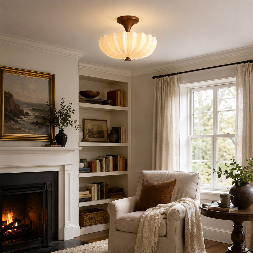 Nerida Rippled Glass & Wood Semi-Flush Mount