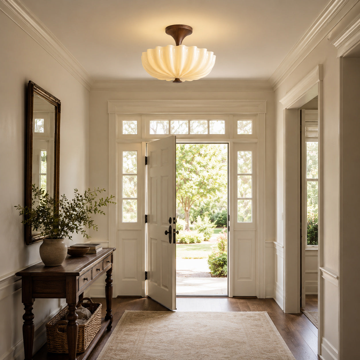 Nerida Rippled Glass & Wood Semi-Flush Mount