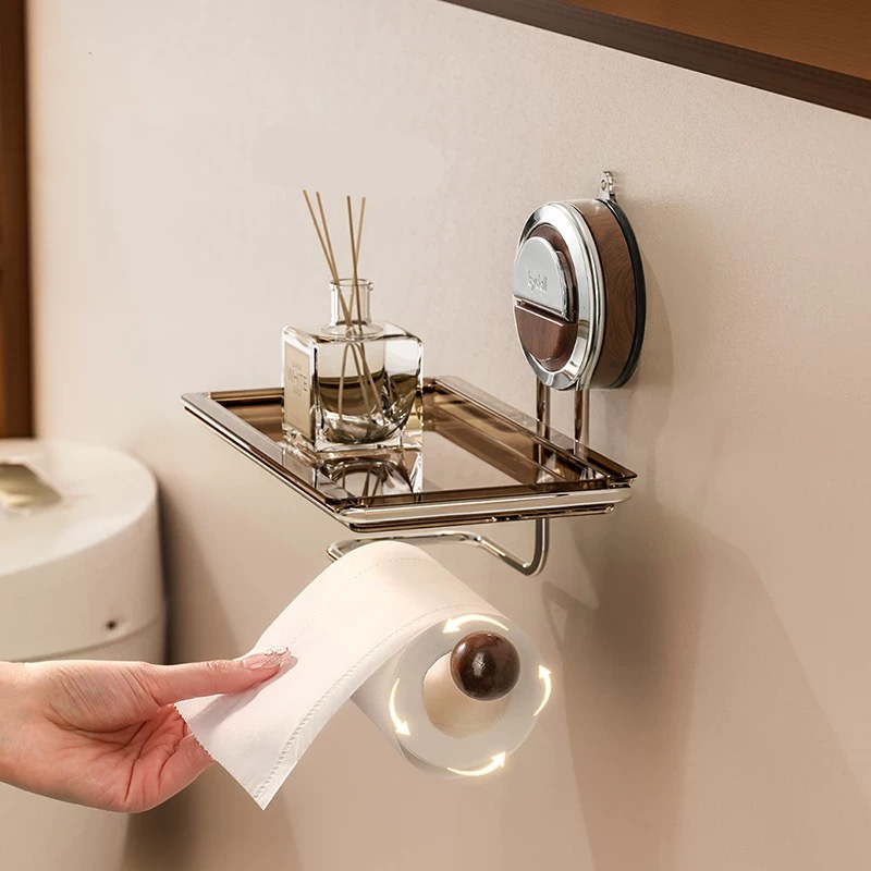 No-Drill Suction Toilet Paper Holder Stand with Wood-Grain Design – Stainless Steel, Easy Installation for Smooth Surfaces