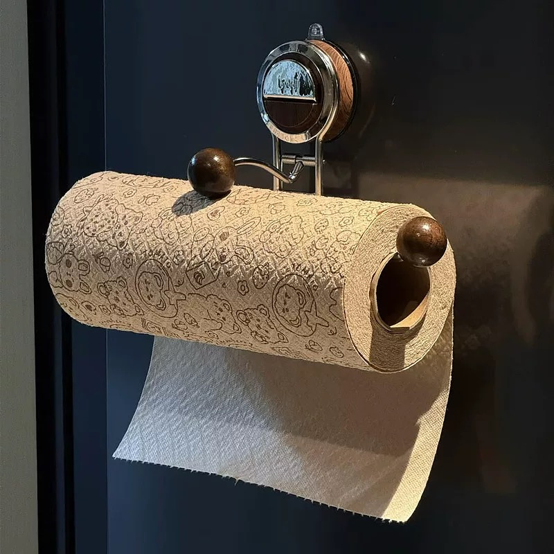 No-Drill Suction Toilet Paper Holder Stand with Wood-Grain Design – Stainless Steel, Easy Installation for Smooth Surfaces