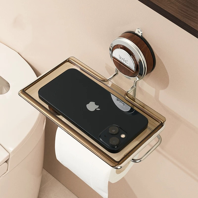 No-Drill Suction Toilet Paper Holder Stand with Wood-Grain Design – Stainless Steel, Easy Installation for Smooth Surfaces