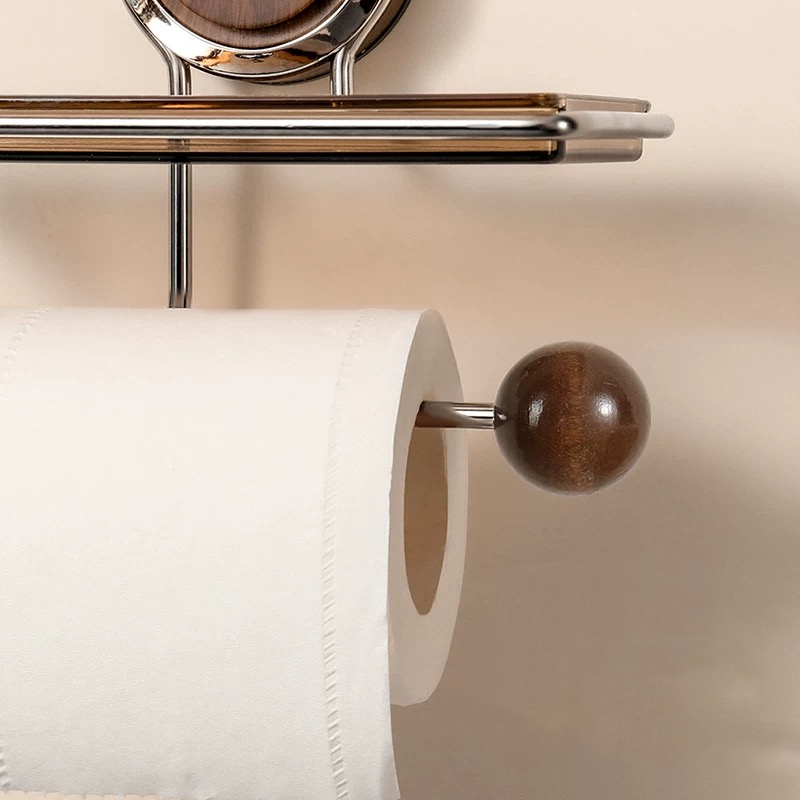 No-Drill Suction Toilet Paper Holder Stand with Wood-Grain Design – Stainless Steel, Easy Installation for Smooth Surfaces