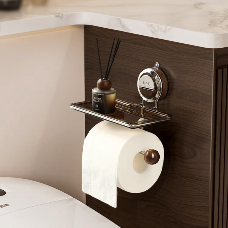 No-Drill Suction Toilet Paper Holder Stand with Wood-Grain Design – Stainless Steel, Easy Installation for Smooth Surfaces