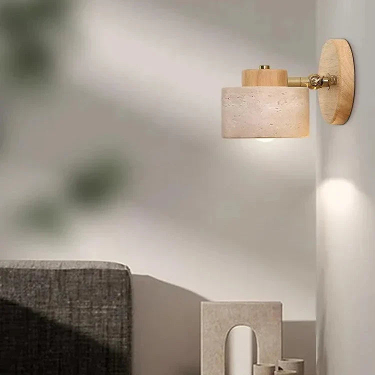 NordCyl: Minimalistic LED Wall Light in Warm White Made of Travertine Stone & Wood – Decorative for Hallways & Living Spaces