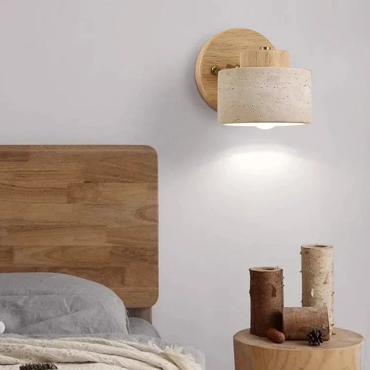 NordCyl: Minimalistic LED Wall Light in Warm White Made of Travertine Stone & Wood – Decorative for Hallways & Living Spaces