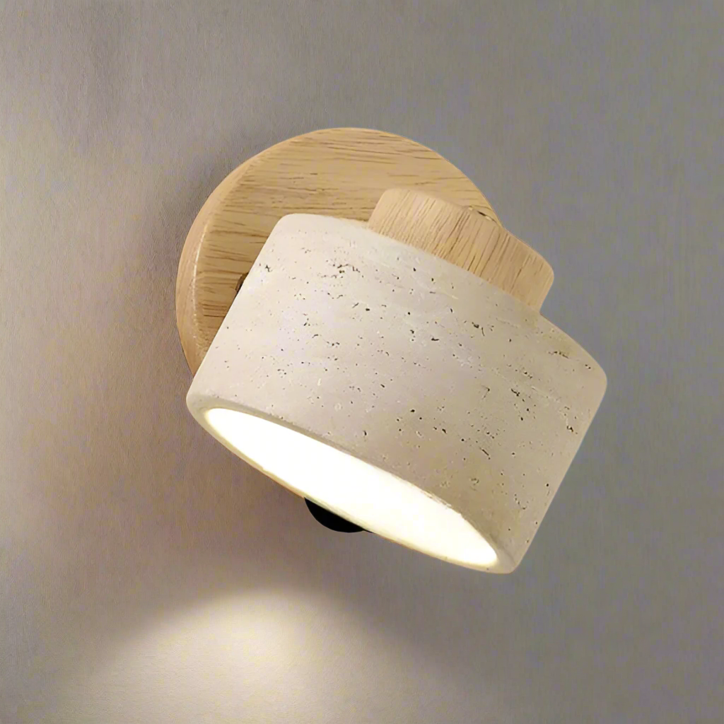 NordCyl: Minimalistic LED Wall Light in Warm White Made of Travertine Stone & Wood – Decorative for Hallways & Living Spaces
