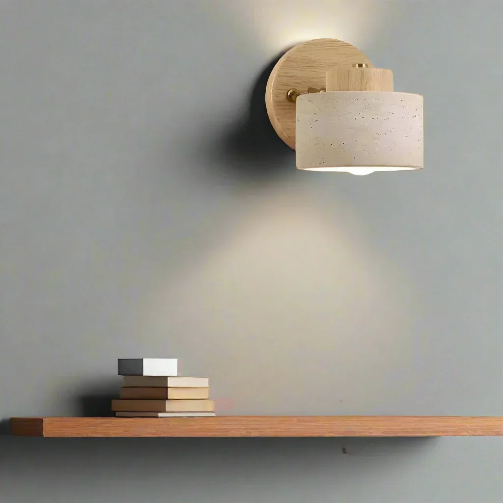 NordCyl: Minimalistic LED Wall Light in Warm White Made of Travertine Stone & Wood – Decorative for Hallways & Living Spaces