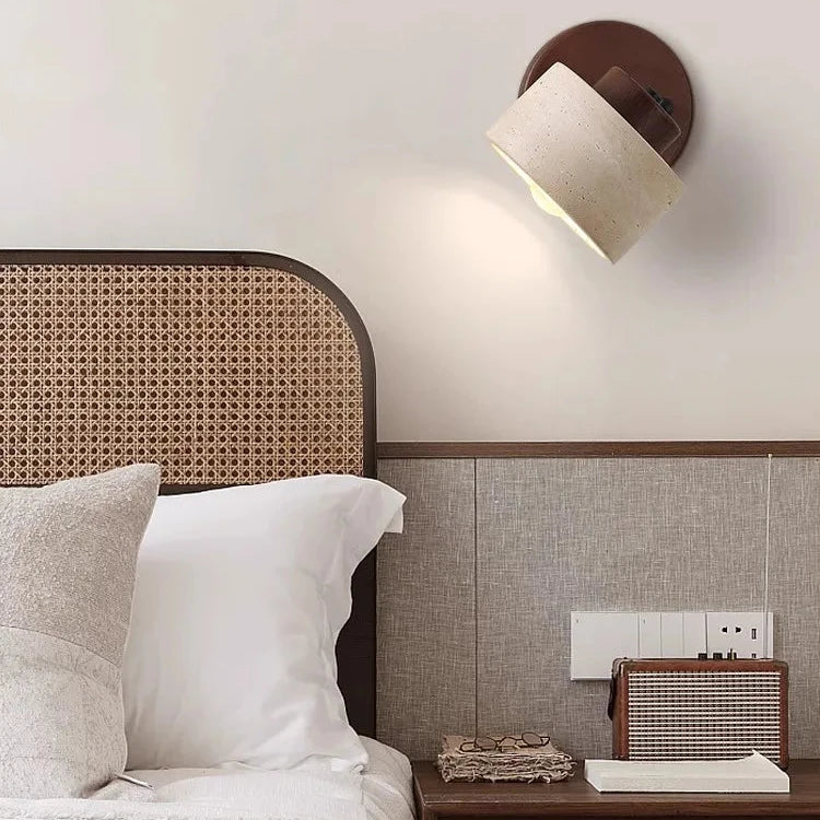 NordCyl: Minimalistic LED Wall Light in Warm White Made of Travertine Stone & Wood – Decorative for Hallways & Living Spaces