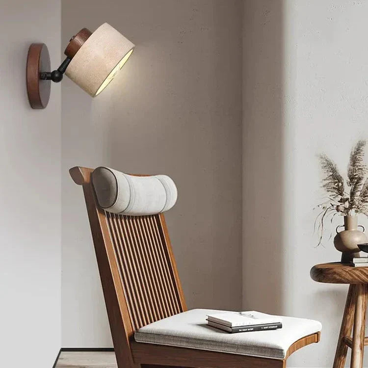 NordCyl: Minimalistic LED Wall Light in Warm White Made of Travertine Stone & Wood – Decorative for Hallways & Living Spaces