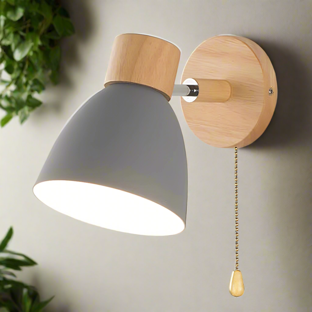 NordLuma: Scandinavian Wall Light Wood & Metal – LED Wall Lamp with Pull Switch for Bedroom & Hallway