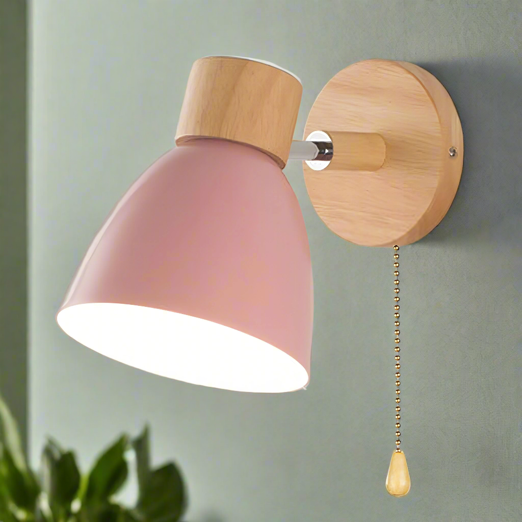 NordLuma: Scandinavian Wall Light Wood & Metal – LED Wall Lamp with Pull Switch for Bedroom & Hallway
