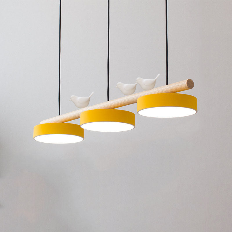 Nordic-Inspired Round Resin Bird LED Chandelier with Wooden Linear Design