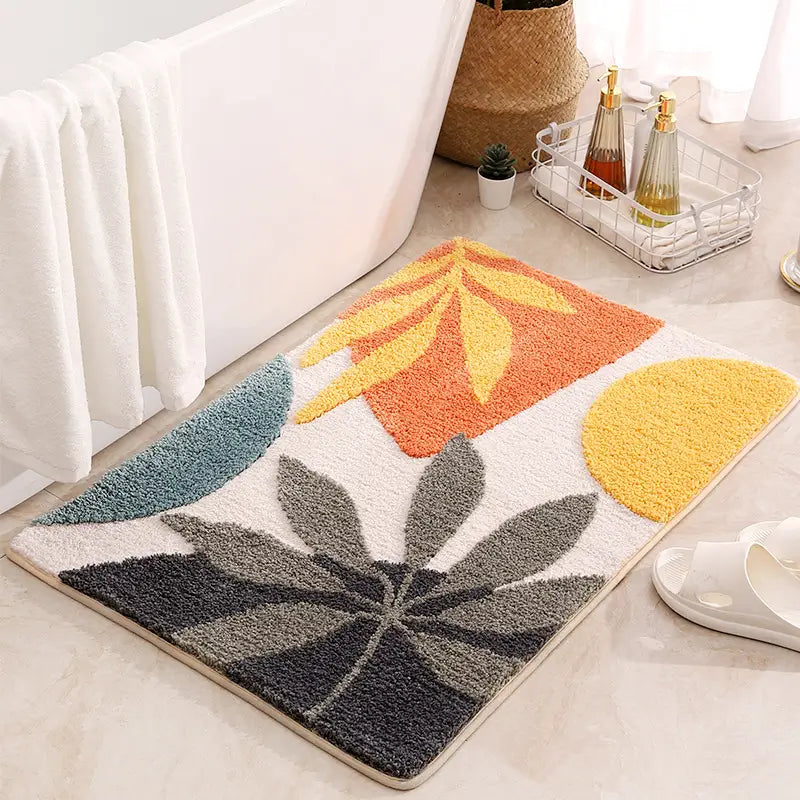 Flocked Bath Mat, 40x60cm 50x80cm Sizes, Non-Slip Base, Leaf Pattern