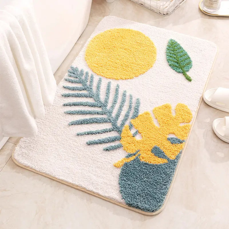 Flocked Bath Mat, 40x60cm 50x80cm Sizes, Non-Slip Base, Leaf Pattern