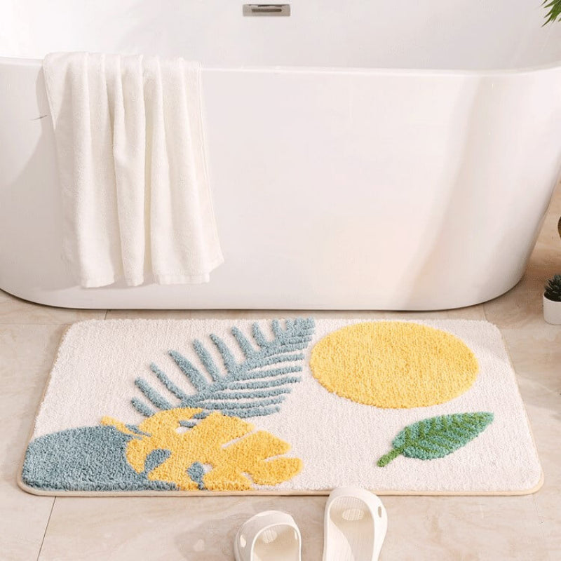 Flocked Bath Mat, 40x60cm 50x80cm Sizes, Non-Slip Base, Leaf Pattern