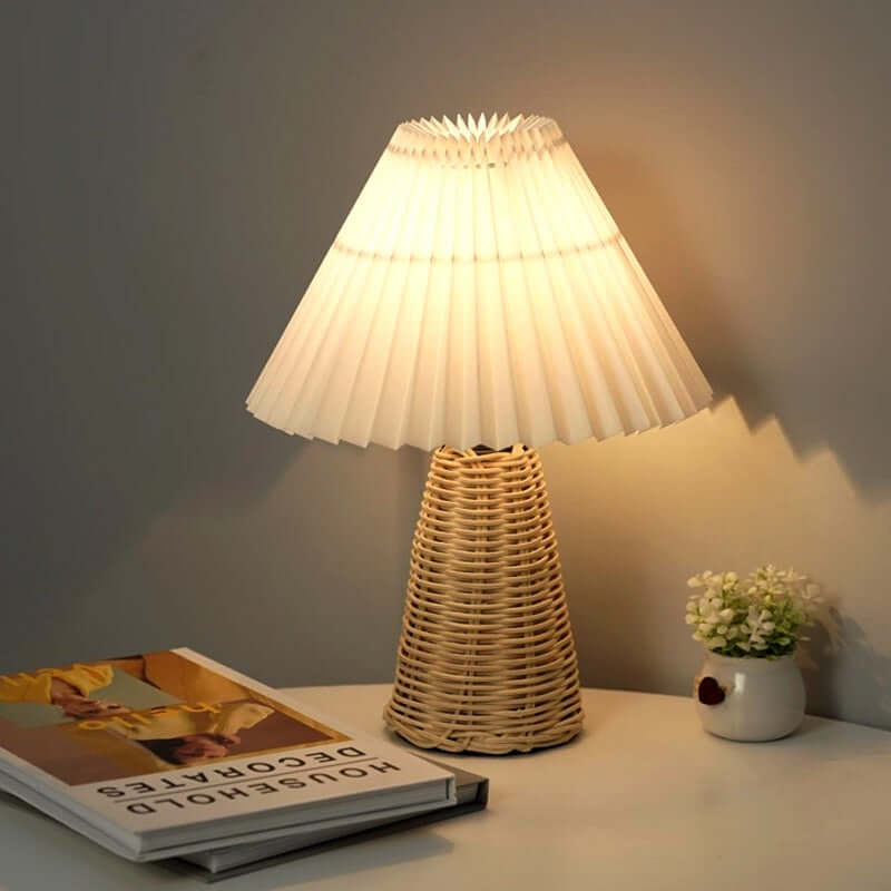 Pleated Shade Bedside Lamp, Rattan Base, LED Light Source, Adjustable Color Temperature