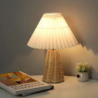 Pleated Shade Bedside Lamp, Rattan Base, LED Light Source, Adjustable Color Temperature