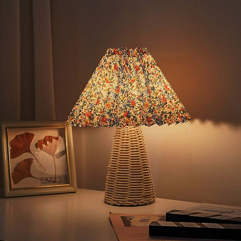 Pleated Shade Bedside Lamp, Rattan Base, LED Light Source, Adjustable Color Temperature