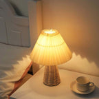 Pleated Shade Bedside Lamp, Rattan Base, LED Light Source, Adjustable Color Temperature