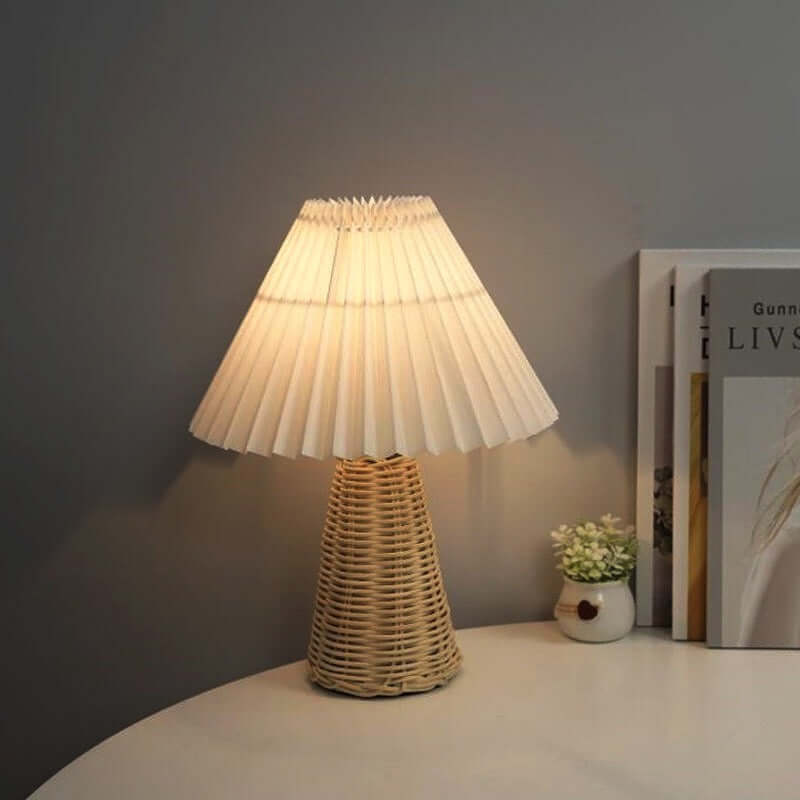 Pleated Shade Bedside Lamp, Rattan Base, LED Light Source, Adjustable Color Temperature