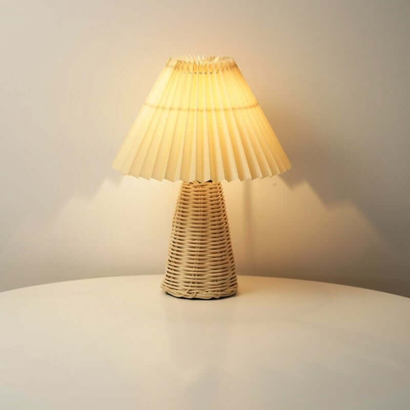 Pleated Shade Bedside Lamp, Rattan Base, LED Light Source, Adjustable Color Temperature