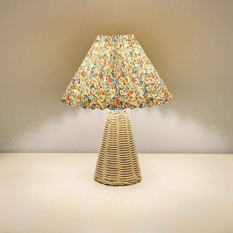 Pleated Shade Bedside Lamp, Rattan Base, LED Light Source, Adjustable Color Temperature