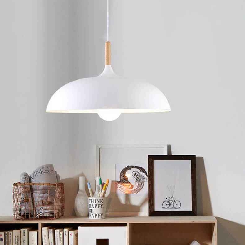 Contemporary Metal Pendant Light with Wooden Top - 1-Light Dome Design