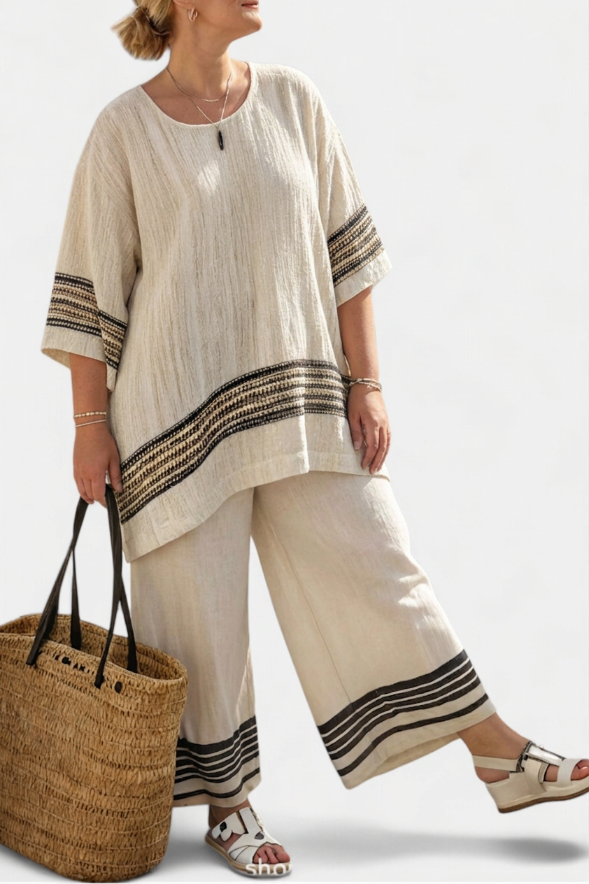 Effortless Two-Piece Set for Women Round-Neck Striped-Trim Wide-Leg