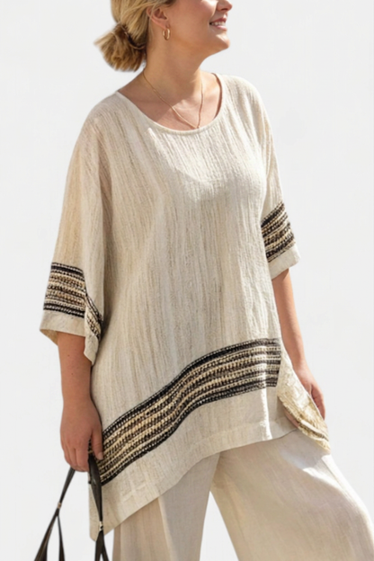 Effortless Two-Piece Set for Women Round-Neck Striped-Trim Wide-Leg