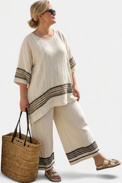 Effortless Two-Piece Set for Women Round-Neck Striped-Trim Wide-Leg