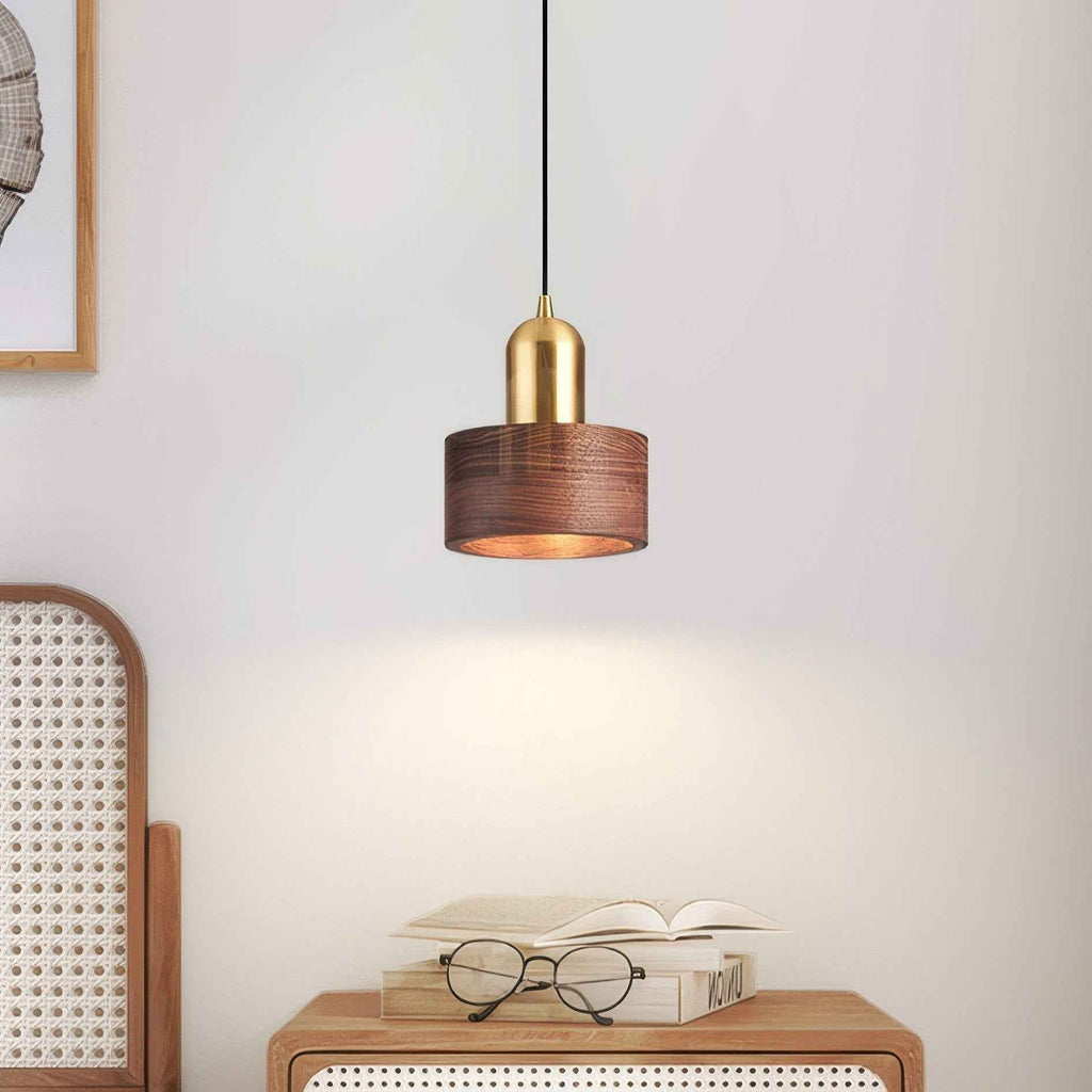 Bamboo Cylinder Pendant Light | Walnut & Brass, Adjustable Height
