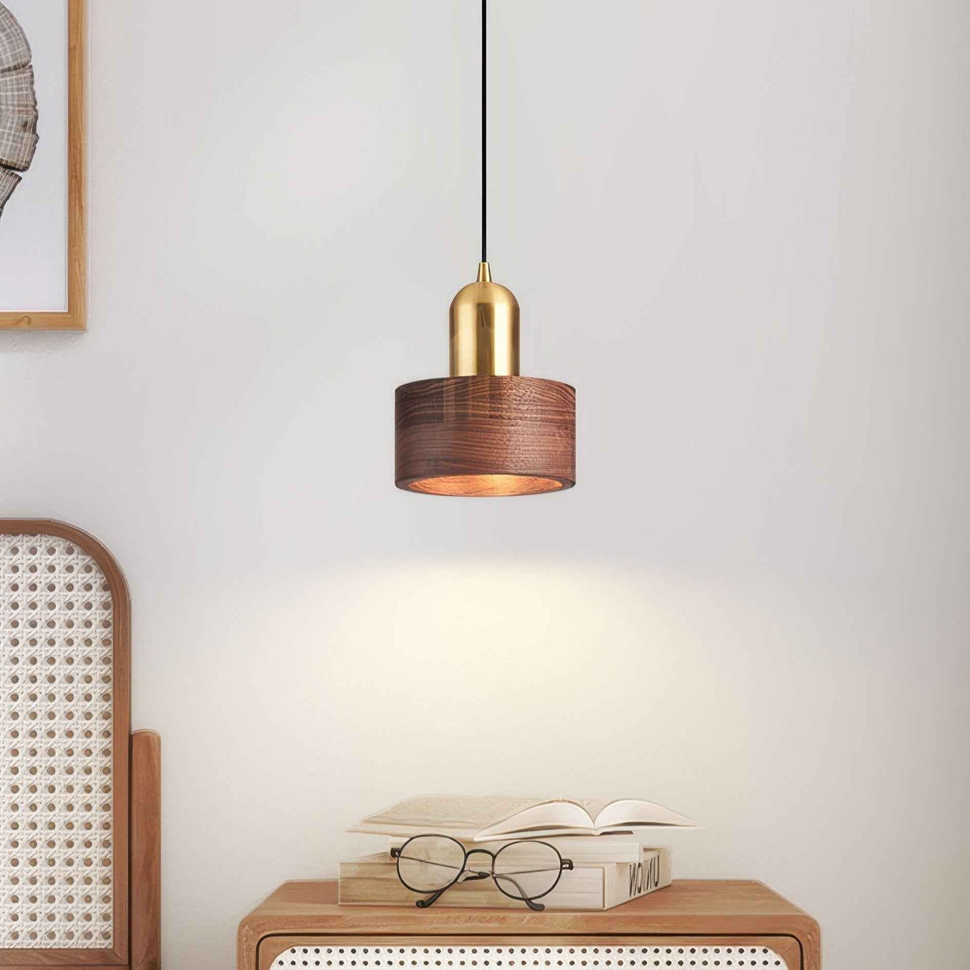 Bamboo Cylinder Pendant Light | Walnut & Brass, Adjustable Height