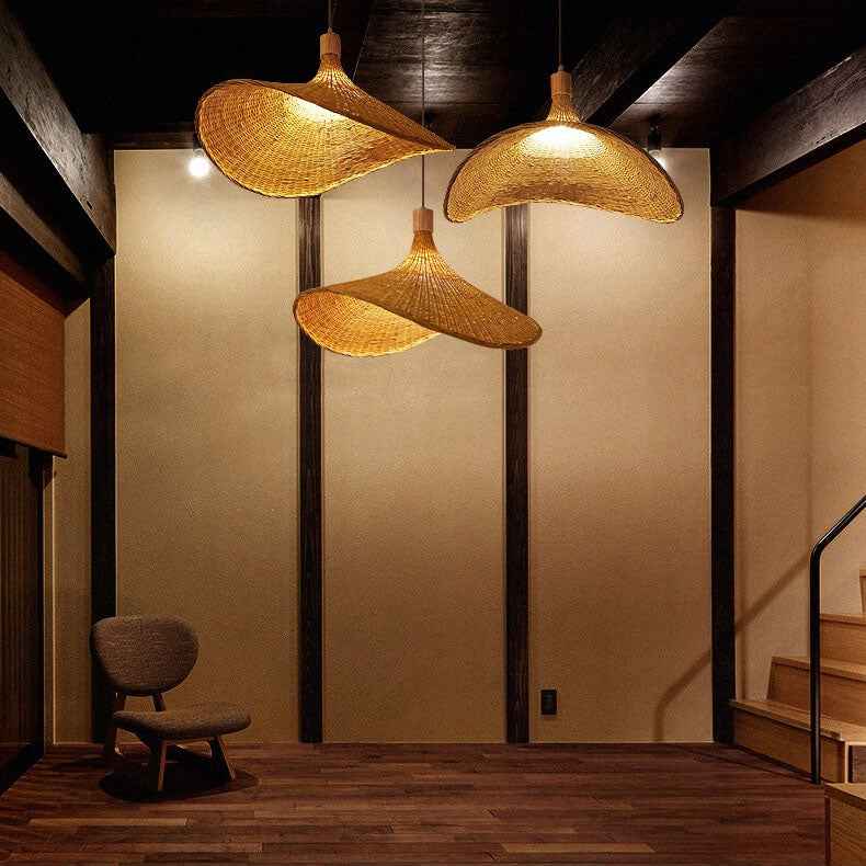 Bamboo Woven Straw Hat Pendant Light with Single Bulb