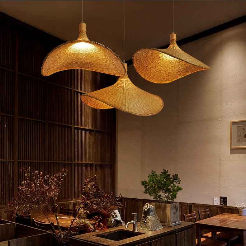Bamboo Woven Straw Hat Pendant Light with Single Bulb