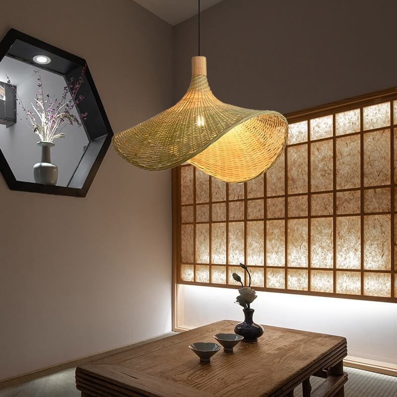 Bamboo Woven Straw Hat Pendant Light with Single Bulb