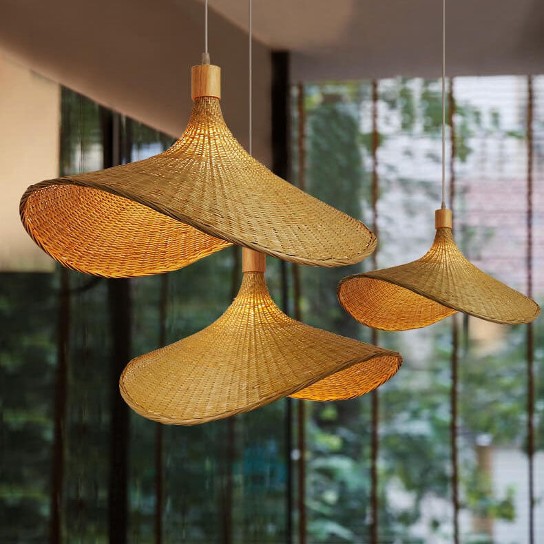 Bamboo Woven Straw Hat Pendant Light with Single Bulb