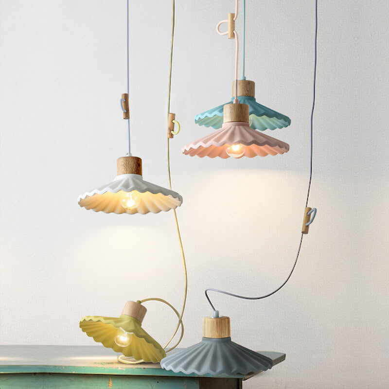 Modern Wood and Cement Scalloped Pendant Light | 1-Light