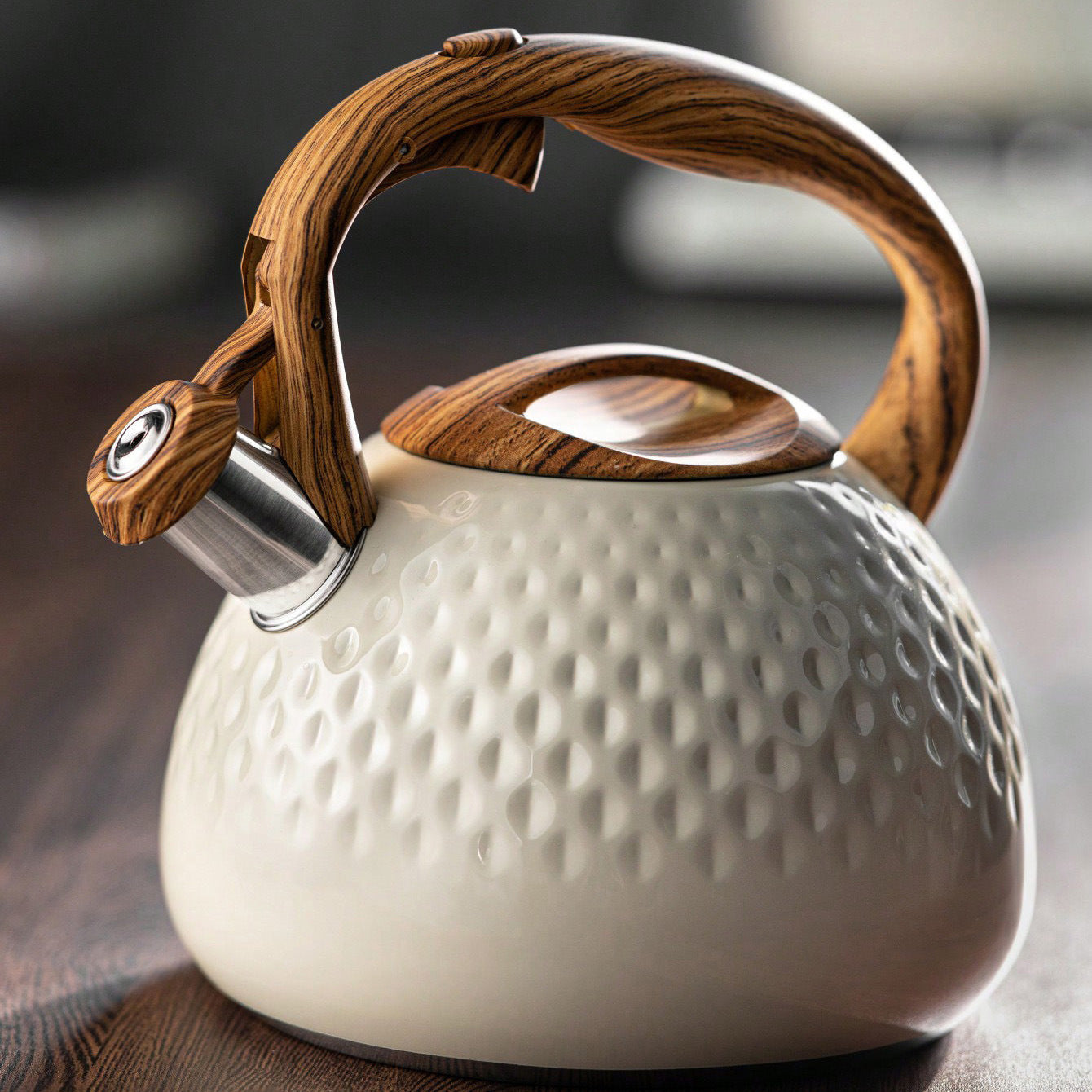 Non Electric Kettle Stainless Steel Wooden Handle Hexagonal Design