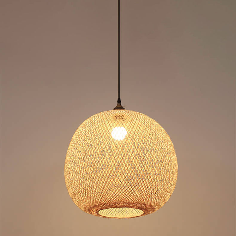 Beige Bamboo Weaving Round Ball Pendant Light - 1-Light Japanese Design