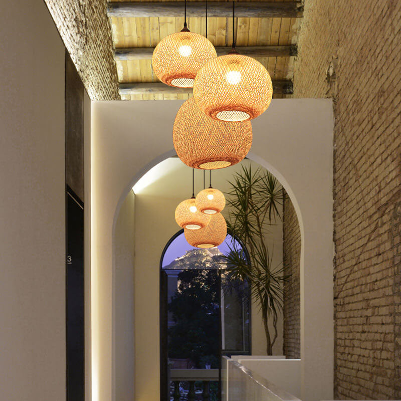 Beige Bamboo Weaving Round Ball Pendant Light - 1-Light Japanese Design