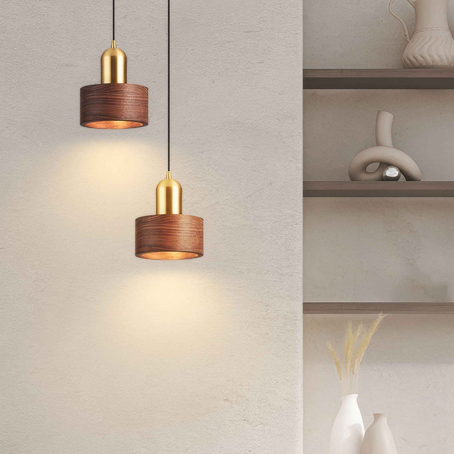 Bamboo Cylinder Pendant Light | Walnut & Brass, Adjustable Height