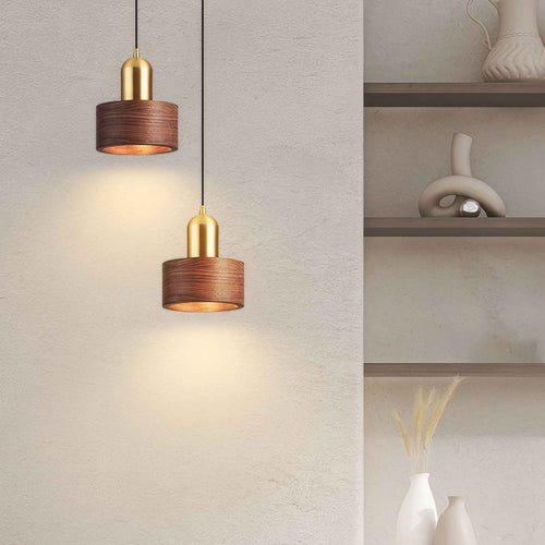 Bamboo Cylinder Pendant Light | Walnut & Brass, Adjustable Height