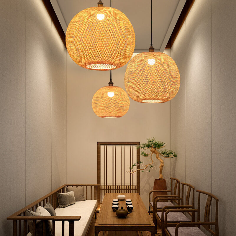 Beige Bamboo Weaving Round Ball Pendant Light - 1-Light Japanese Design
