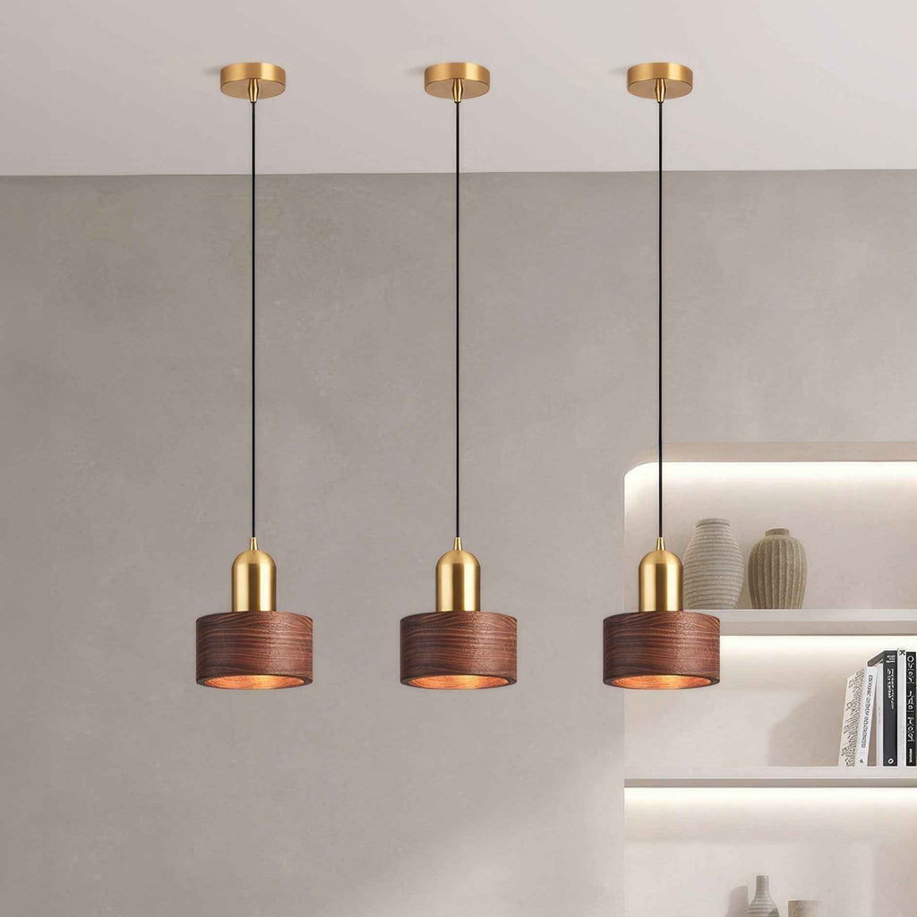 Bamboo Cylinder Pendant Light | Walnut & Brass, Adjustable Height