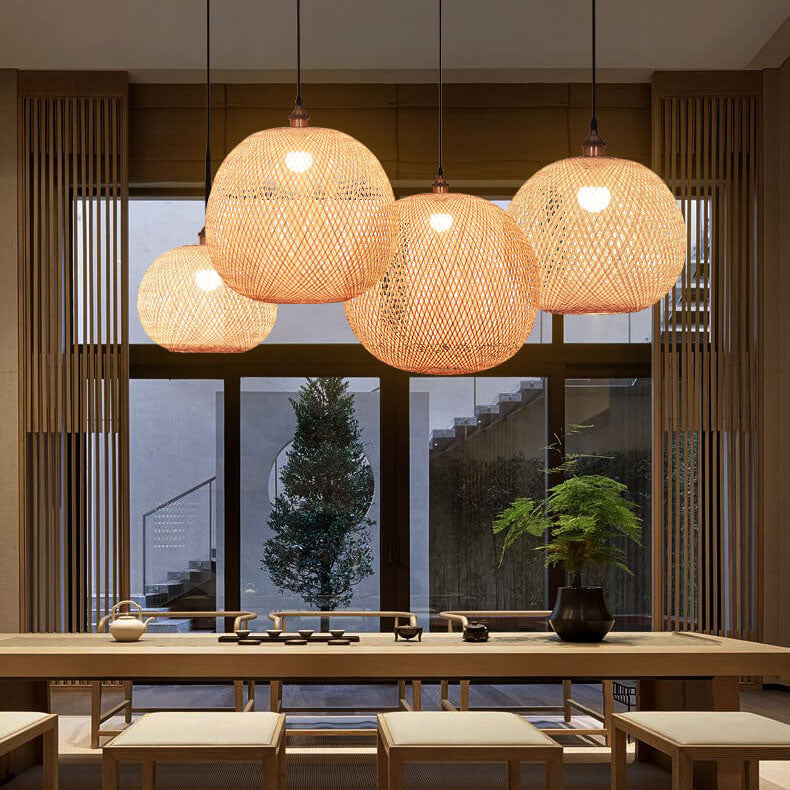 Beige Bamboo Weaving Round Ball Pendant Light - 1-Light Japanese Design