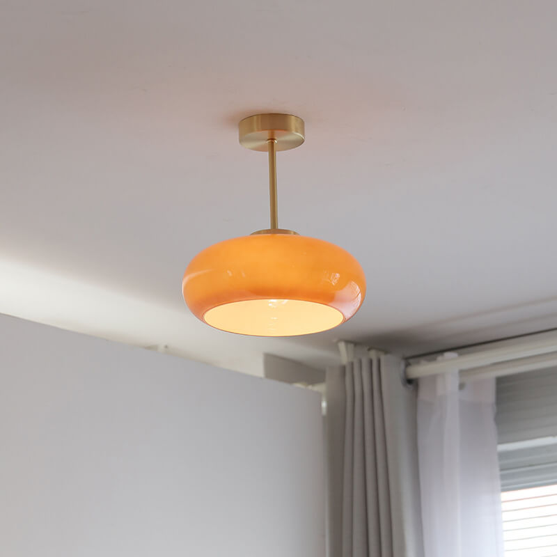 Retro Brass and Yellow Glass 1-Light Semi-Flush Mount Ceiling Fixture