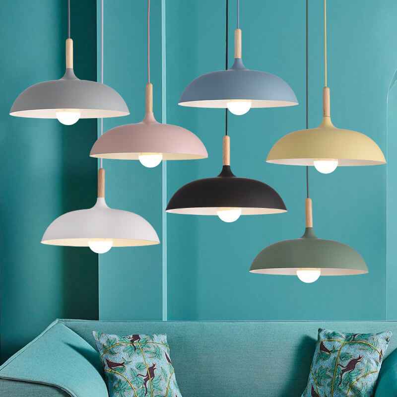 Contemporary Metal Pendant Light with Wooden Top - 1-Light Dome Design