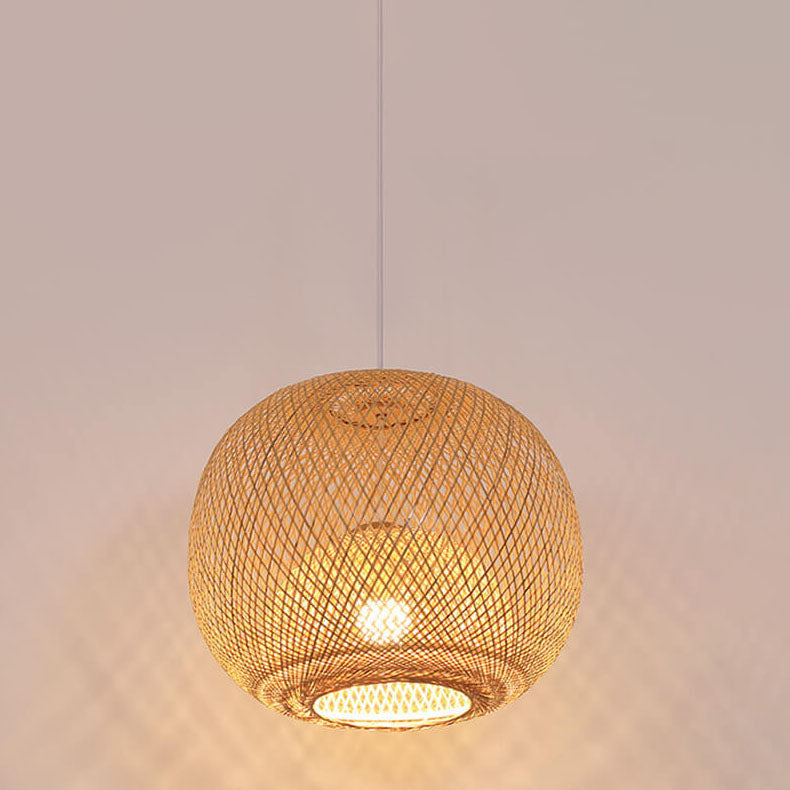 Beige Bamboo Weaving Round Ball Pendant Light - 1-Light Japanese Design